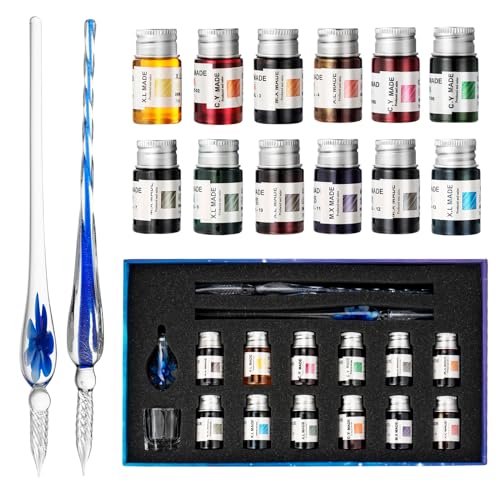 Glass Pen Set Calligraphy Dip Pens,12 Colorful Inks,Caligraphy Sets for Art, Writing, Signature, Decoration, Gift (12+2 blue+blueflower) - color: 12+2 blue+blueflower