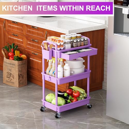 Goovilla 3 Tier Rolling Utility Cart Organizer with Removable Drawer,Purple | Stable and Sturdy Rolling Storage Carts with 2 Lockable Wheels for Bathroom, Kitchen, Snack, Craft, Makeup, Baby Essentials - size: 3 Tier, style: Purple