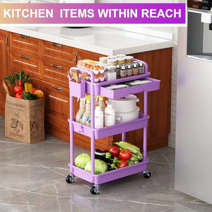 Goovilla 3 Tier Rolling Utility Cart Organizer with Removable Drawer,Purple | Stable and Sturdy Rolling Storage Carts with 2 Lockable Wheels for Bathroom, Kitchen, Snack, Craft, Makeup, Baby Essentials - size: 3 Tier, style: Purple