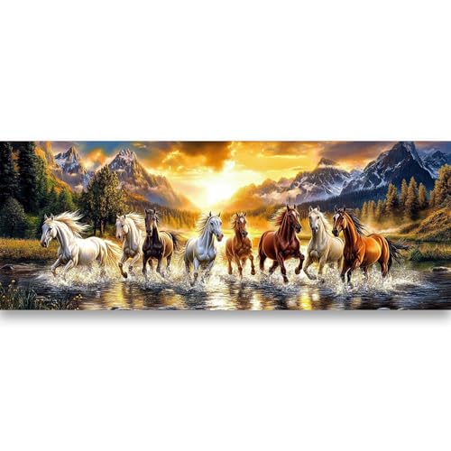 Yomiie Large Diamond Art Kits for Adults, Horse Animals Diamond Painting Art Sunset Landscape Full Round Drill Kits, Embroidery Rhinestone Diamond Crystal Craft Canvas Home Wall Decor 31.5x11.81 inch - color: Horses Running