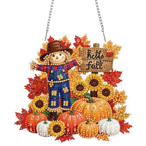 CEOVR Fall Scarecrow Hanging Diamond Art for Adults, Autumn Pumpkin Sunflower Diamond Painting Pendant, Special Shape Gem Art Window Ornament, Acrylic Home Wall Decor with Chain, Box Kit 7.87×7.08in - color: 32-Scarecrow