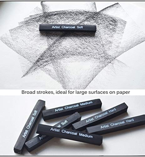 Artist Compressed Charcoal Stick Assorted Soft Medium Hard Artist Charcoal Medium for Drawing Sketching Shading, Art Supplies Sketch Kits Tools Pack of 6