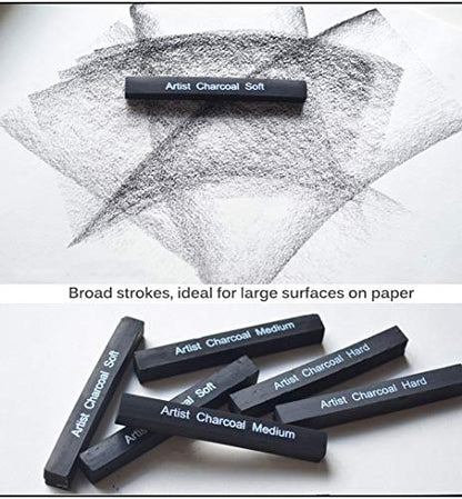 Artist Compressed Charcoal Stick Assorted Soft Medium Hard Artist Charcoal Medium for Drawing Sketching Shading, Art Supplies Sketch Kits Tools Pack of 6