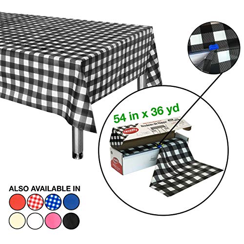 Neatiffy Disposable Plastic Tablecloth Roll | Indoor/Outdoor Table Cover Roll for Rectangle, Square, Round Tables | Picnic, Party, Banquet, Birthdays, Weddings -54 in x 108 ft-Black Checkered - color: Black Checkered