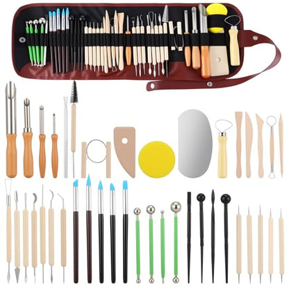 Kenaeooe 42 PCS Pottery Tools Kit Professional Clay Sculpting Tools Set with Leather Roll Bag for Polymer Clay, Ceramic, Modeling, Carving, Trimming, and Shaping for Artists and Beginners