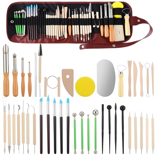 Kenaeooe 42 PCS Pottery Tools Kit Professional Clay Sculpting Tools Set with Leather Roll Bag for Polymer Clay, Ceramic, Modeling, Carving, Trimming, and Shaping for Artists and Beginners