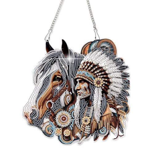 AiYuanzsh Oversized Diamond Art Suncatcher Hanging Kit Native American Horse Design, Special Shaped Diamond Painting Hanging Ornament for Adults DIY Wall Window Decoration - color: Native American