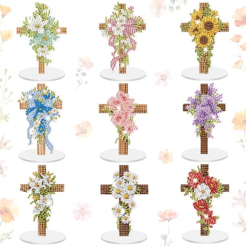 Kosiz 9 Pcs Cross Diamond Painting Tabletop Decorations Christian Gift Religious Diamond Art Kits for Adults Double Sided Acrylic Christian Centerpiece for Table Decor DIY Crafts Religious Party Decor - style: Cross
