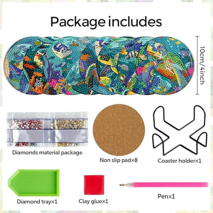 DOTSOPS 8 Pcs Ocean Diamond Art Coasters Kits for Adults with Holder 4 in - color: Ocean