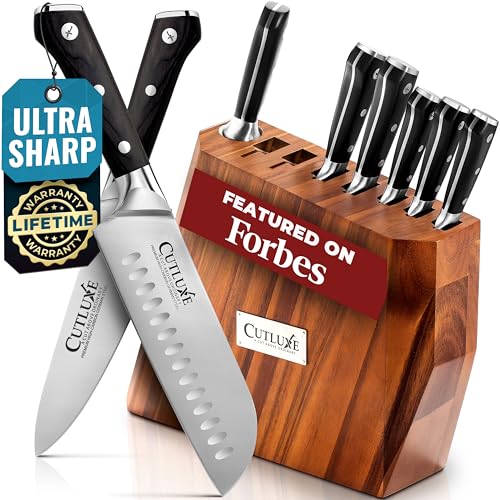 Cutluxe Kitchen Knife Set, 8-Piece Chef Knives with Acacia Wood Block | Razor Sharp Full Tang Blades, High Carbon German Steel – Artisan Series, Professional - size: 8 Pcs Knife Set with Block
