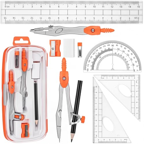 Zonon Math Geometry Set for Students 10 Pcs Compass Geometry Tools Kit Includes Protractor Compass Lead Refills Rulers Pencil Sharpener Eraser Pencil Storage Box for Drafting and Drawings(Orange) - color: Orange