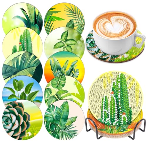 10 Pcs Green Plant Leaves Diamond Art Painting Coasters, Cactus Succulent Monstera Crafts Kits for DIY Coasters, Diamond Art Kits for Adults - color: Clear,green