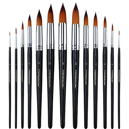 Transon 13pcs Round Paint Brush Set Synthetic Bristle Complete Round Brush Set for Watercolor Acrylic Gouache Ink Tempera - size: Round 13 PCS