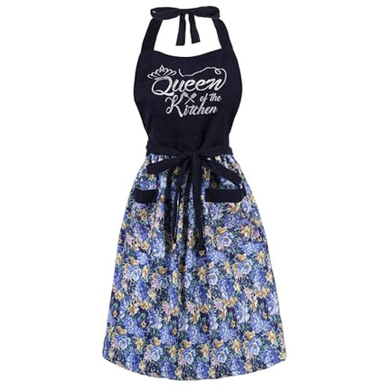 Cute Floral Apron for Women with Pockets, Cotton, Adjustable Straps - color: Navy Blue