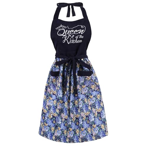 Cute Floral Apron for Women with Pockets, Cotton, Adjustable Straps - color: Navy Blue