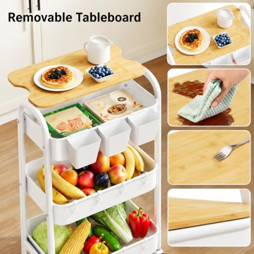3 Tier Rolling Cart Metal with Wheels and Bamboo Table Top, Art Cart Organizer on Wheels, White Three Tiered Storage Utility Carts for Craft, Baby, Diaper Caddy,Coffee,Kitchen,Cleaning,Office Supplies - color: White