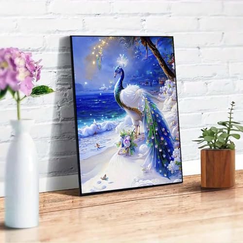 WCHUIMM Peacock Diamond Painting Kits for Adults, Peacock Diamond Painting, DIY 5D Beach Diamond Painting Beach Diamond Art Kits Picture for Home Wall Decor 12×16inch - color: Peacock