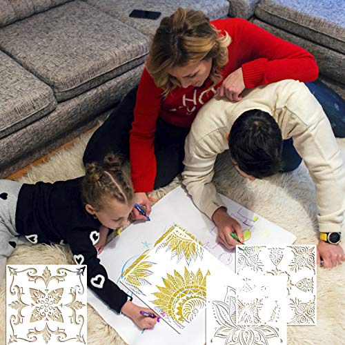 9 Pack (12x12Inch) Large Reusable Stencil Mandala Stencil Painting Template | Laser Cut Painting Template for Floor Wall Tile Fabric Furniture Stencils Painting