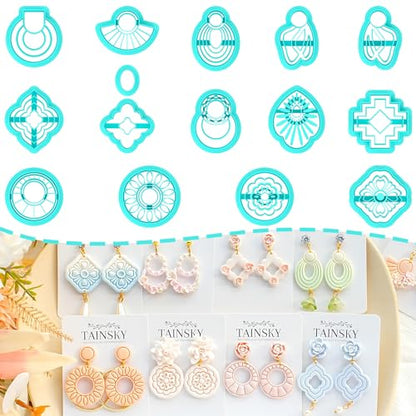 TAINSKY Geometric Clay Cutters, 15 Shapes Polymer Clay Cutters for Earrings Making, Organic Polymer Clay Cutters, Boho Clay Cutters for Polymer Clay Jewelry