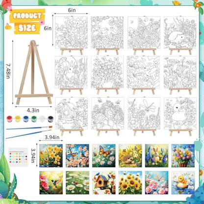 Tenceur 12 Sets Pre Drawn Canvas to Paint Adult Stretched Coloring Painting Canvas Panels with Design Easel and Brushes for Party Supplies Beginner Favor(Garden) - style: Garden