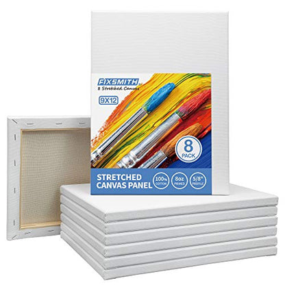 Stretched White Blank Canvas - 9x12 Inch, Bulk Pack of 8, Primed,100% Cotton, 5/8 Inch Profile of Super Value Pack for Acrylics,Oils & Other Painting Media. - size: 9"x12"