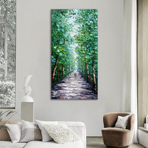 Alenoss Hand Painted Green Canvas Wall Art, Abstract Oil Painting on Canvas | Large Midsummer Forest Landscape Painting, 24x48 inches, Green, Vertical Wall Art for Living Room, Bedroom - color: AL-B102