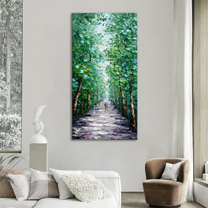 Alenoss Hand Painted Green Canvas Wall Art, Abstract Oil Painting on Canvas | Large Midsummer Forest Landscape Painting, 24x48 inches, Green, Vertical Wall Art for Living Room, Bedroom - color: AL-B102