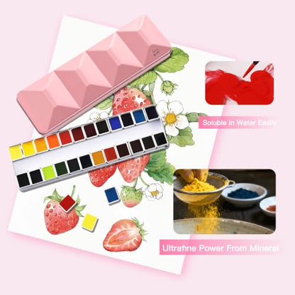 rubens Professional Watercolor Paint Set 24 Colors, High Pigment Solid Half Pans in Chic Pink Diamond-Pattern Metal Case with Ring, Aesthetic Art Gift for Beginners, Artists & Designers - color: Pink