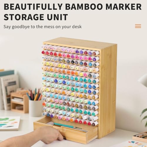 AUTOARK Natural Bamboo Marker Organizer with Drawer, AHK-065 | 182 Slots - size: 182 Markers
