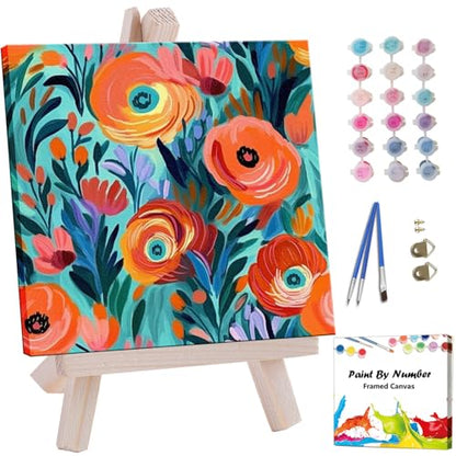 Artunion Framed Paint by Numbers Kit for Adults Beginners & Kids Ages 8-12,Red Flowers Paint by Number with Frame,Floral Paint by Numbers Kit on Canvas 10 * 10 Inch Without Easel - color: ZXT-194-F