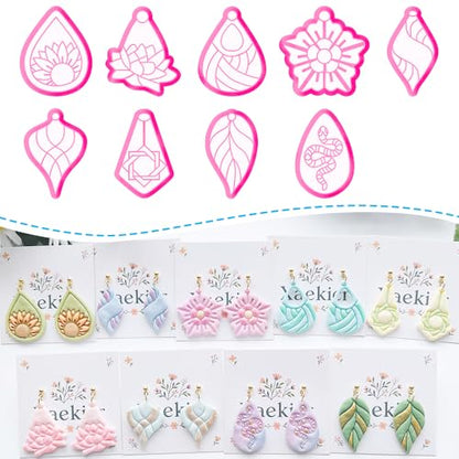 Xaekicr 9 Pcs Boho Polymer Clay Cutters with Hole - Lotus, Leaf & Mandala Shape Jewelry Making Tools for Earrings & Pendants, Soft Clay Molds - color: 2C color