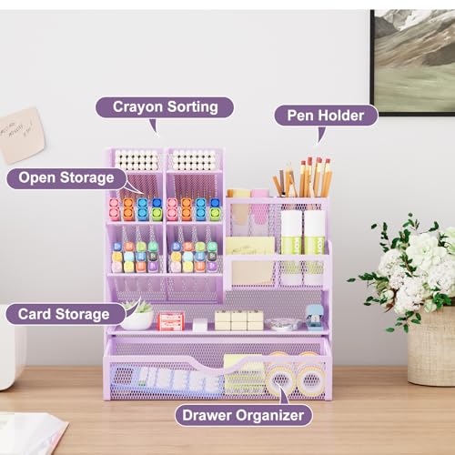 Marbrasse Mesh Pen Holder for Desk, Multi-Functional Pencil Organizer with Drawer, Desk Organizers and Accessories for Office Art Supplies (Purple) - color: Purple