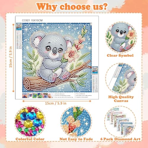 ajepon 6 Pack Animal Diamond Art Kits for Kids, Cute Animals Diamond Art for Kids Ages 8-12, Koala Panda Sloth Raccoon Fox Cow Diamond Painting Kits for Kid for Gift Home Wall Decor (6x6inch) - color: 6DXZ107