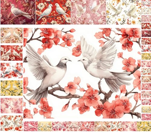 Decoupage Paper Pack (35 Sheets 6"x8") Dove Harmony: Gentle White Doves Perched Among Blossoming Branches with Soft Pink, Red and Gold Floral Accents for Romantic and Peaceful Decor FLONZ Vintage - color: ThirtySix