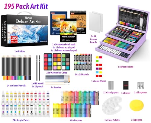 iBayam Art Supplies,195 Pack Deluxe Art Set Drawing Painting Supplies Kits | Acrylic Pad, Watercolor Pad, Sketch Book, Canvases, Acrylic Paint, Crayons, Pencils, Gifts for Kids Teen Girls Artist Adults - color: Purple