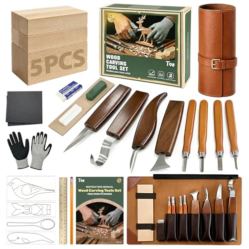 T98 28Pcs Wood Carving Kit, 8 Carving Knives Templates Leather Bag Gift