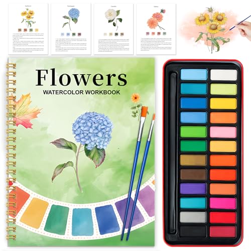 Watercolor Workbook - Coloring Book Beginner Friendly Painting Kit, Watercolor Workbooks for Adults with 24 Colors Paint, Exploration Gift for Adults Teens (Flowers) - color: Flowers