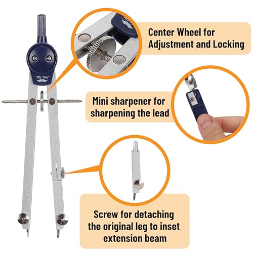 Mr. Pen- Professional Geometry Set, 7 pcs | Metal Compasses with Center Wheel & Extension Leg, Precision Drafting Kit with Storage Box for Geometry, Technical Drawing - style: 7 pcs Geometry Tool Set