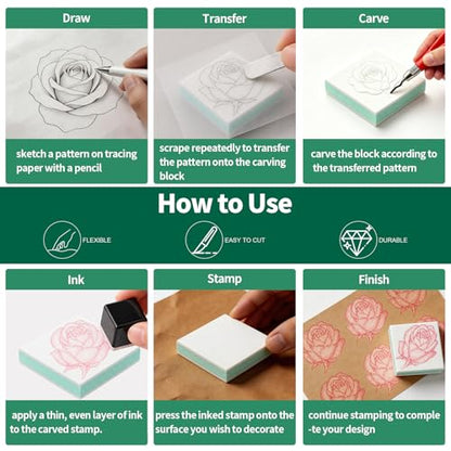 21Pcs Linocut Kit for Printmaking & Stamp Carving, 14Pcs Soft Rubber Linoleum Blocks and Carving Tool for Beginner Printing Craft Supplies