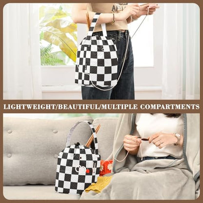 Checkered Black Yarn Bag Small Crochet Bag Drawstring Yarn Storage Organizer Knitting Project Bags Potable Yarn Holder with Holes Handle Crocheting Needles Knitting Accessories - color: Checkered Black