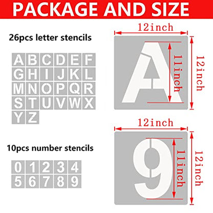 YEAJON 12 Inch Letter Stencils and Numbers, 36 Pcs Alphabet Art Craft Stencils, Reusable Plastic for Wood, Wall, Fabric, Rock, Chalkboard, Signage, DIY School Projects (12 Inch) - size: 12 Inch