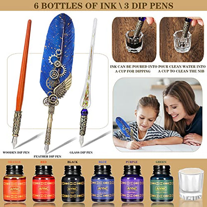 Quill Pen Ink Set, With Quill Pen, Wooden Dip Pen, Glass Dip Pen, 6 Bottles Ink, 16 Letter Paper, 2 Envelopes, 17 Nibs, Pen Holder,2 Bottles Fire Lacquer Wax, Stamp, Spoon, White Wax, Cup(Blue) - color: Blue
