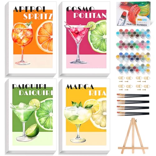 Okarina 4 Pack Paint by Numbers Kit for Adults with Frame, Retro Cocktail | DIY Acrylic Painting Kit with Wooden Easel, Framed Paint by Number for Beginners, Home Wall Decor & Gift, 8 x 12 Inch - color: OP4FUS2509-01