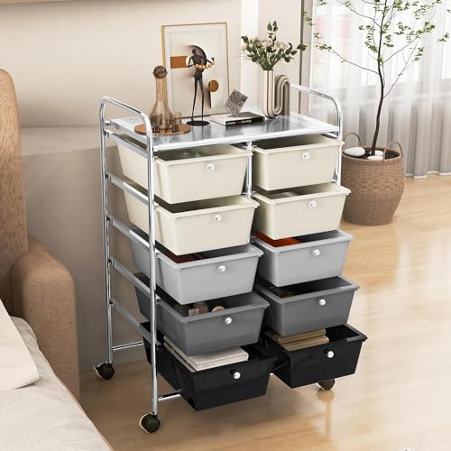 10 Drawer Rolling Cart, Storage Cart Organizer on Wheels, Drawer Cart with Metal Frame & Large Storage Capacity, Rolling Cart with Drawers for Living Room Classroom, Office - color: Gradient Gray, size: 10 Drawer
