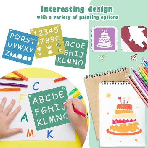 48PCS Stencils for Kids, 8" Sidewalk Chalk Stencils for Painting Kids Style | Geometric Letter Number Themed Primary Shape Template for Kids, Large Reusable Stencils for Drawing Outside, Crafts Painting