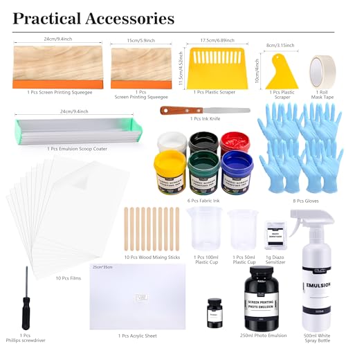 Caydo 66 PCS All-in-One Screen Printing Kit - 50W LED UV Exposure Screen Printing Light, Screen Printing Ink, Screen Printing Photo Emulsion, Instructions