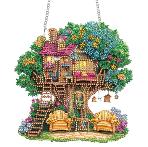Bimkole Tree Hanging Diamond Pearl Art Kits for Adults Pendant C78 | DIY 5D Special Crystal Diamond Painting Houses Window Suncatcher, Acrylic Pearl Art Autumn Winter Wall Decor 7.8x7.8 Inch - color: Tree house