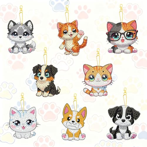 8 PCS Diamond Art Keychain Kits for Kids, DIY Diamond Painting Crafts, Beginner Art Kit, Arts & Crafts Gift for Ages 8–12 - color: Cats & Dogs, size: Animals