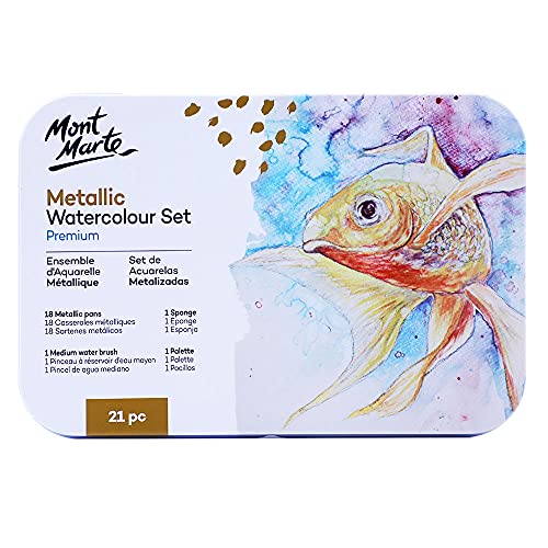 Mont Marte Premium Metallic Watercolor Cake Set, 21 Piece, 18 Colors, 1 Water Brush, 1 Sponge, 4 Mixing Wells - color: basic