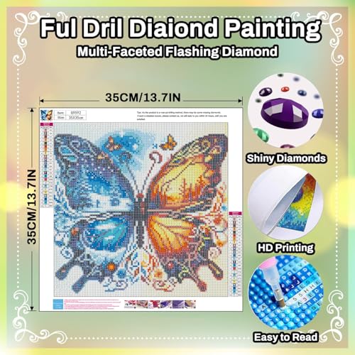 HITO Butterfly Diamond Painting Kits for Adults Butterfly Diamond Art Kits | Animal Gem Art Kits for Adult for Gift Home Wall Decor 14x14 Inch - color: G9592